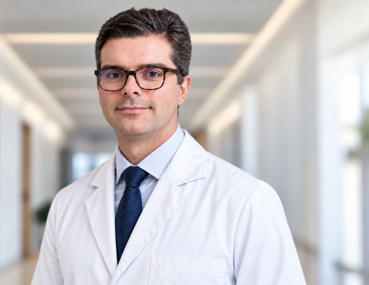 Dr. Guilherme Naves, oftalmologista, de jaleco e gravata azul
